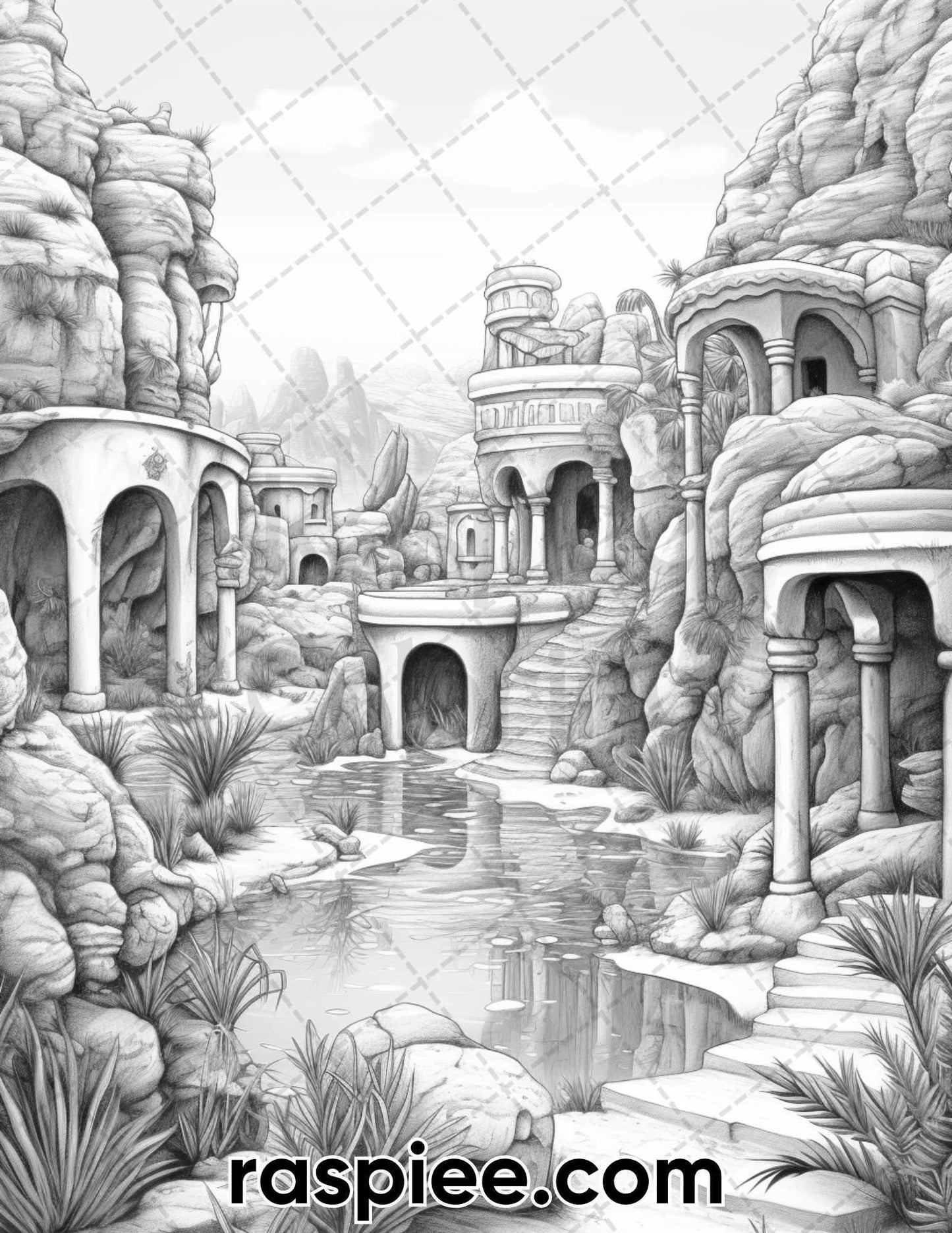55 Desert Oasis Fairy Homes Grayscale Coloring Pages for Adults, Printable PDF Instant Download