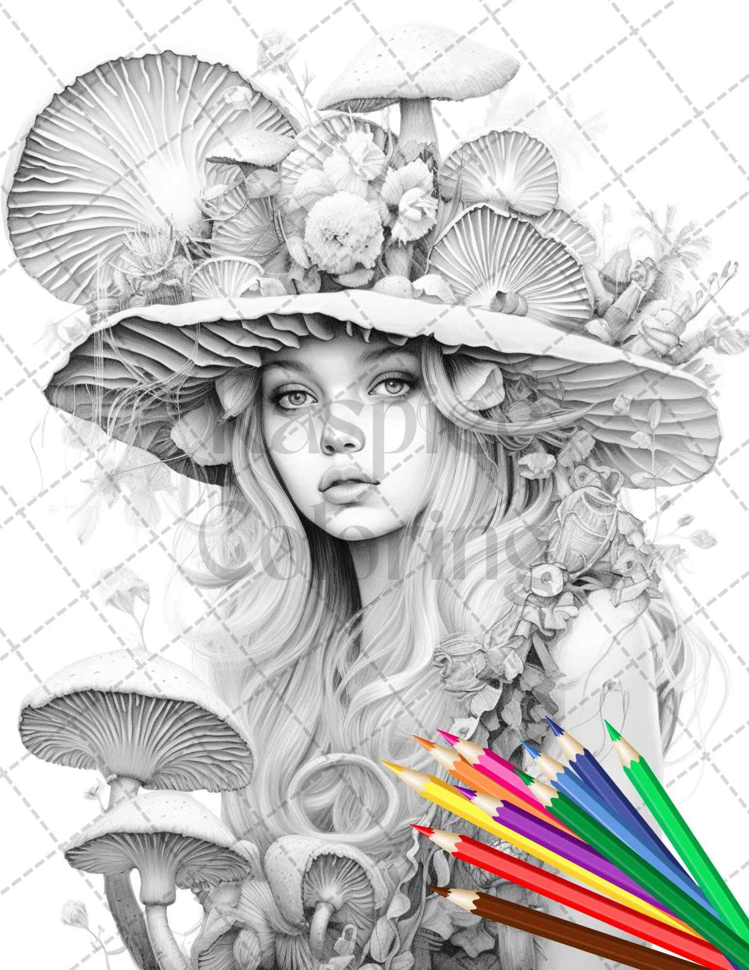 50 Mushroom Fairy Grayscale Coloring Pages Printable for Adults, PDF File Instant Download