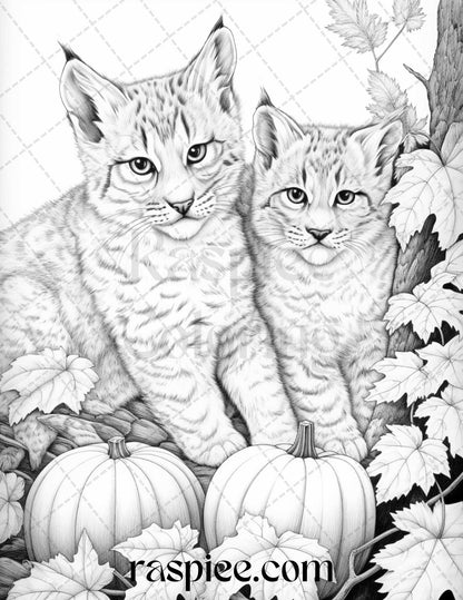 Autumn Animals Grayscale Coloring Pages for Adults and Kids, Printable PDF File Instant Download