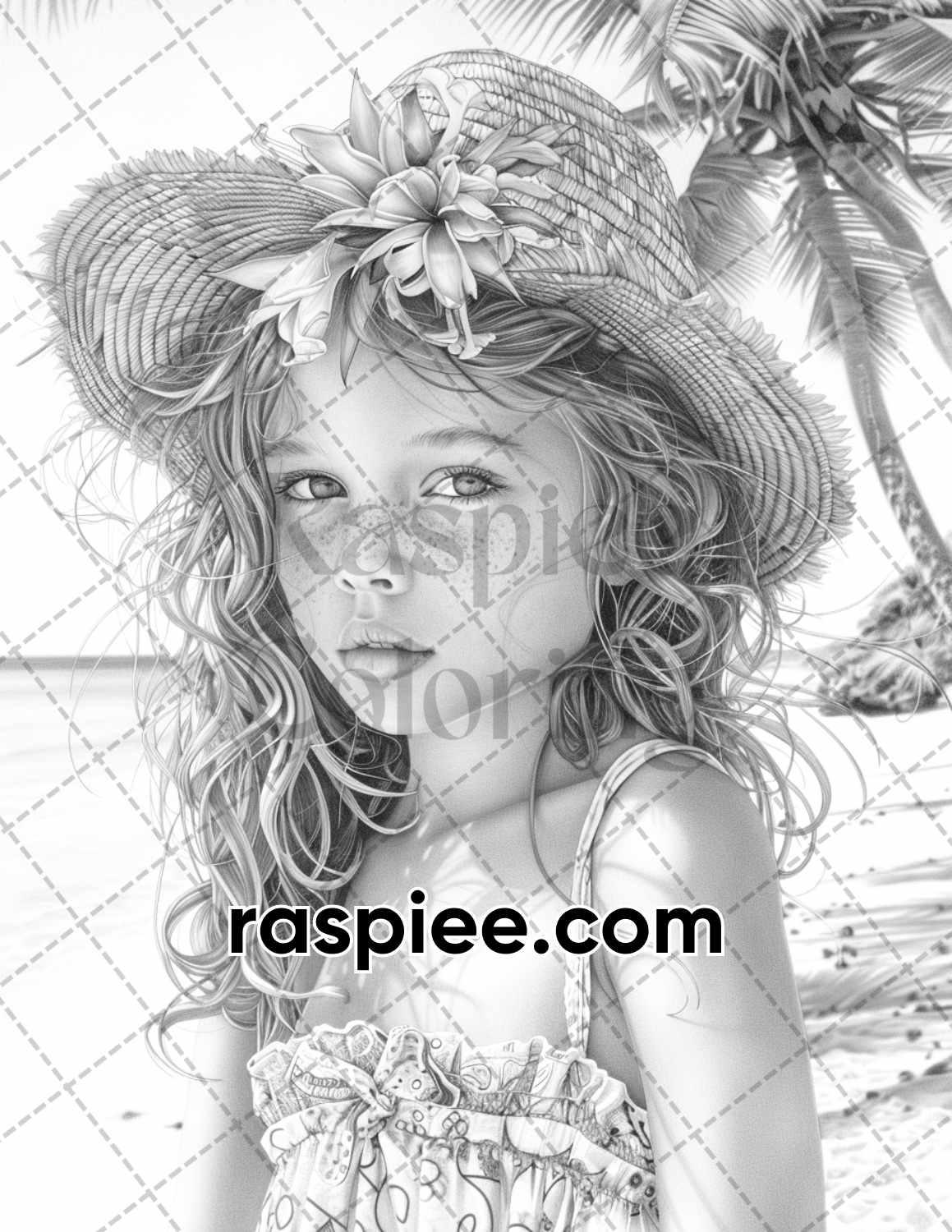65 Summer Little Girls Portrait Grayscale Adult Coloring Pages Printable PDF Instant Download
