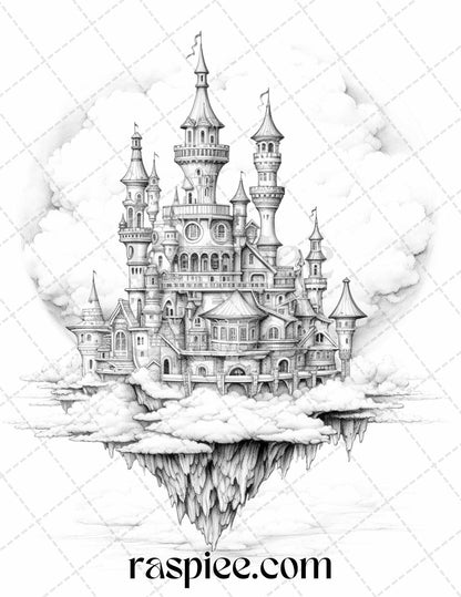 Floating Castle in the Sky Grayscale Coloring Pages for Adults, Printable PDF File Instant Download