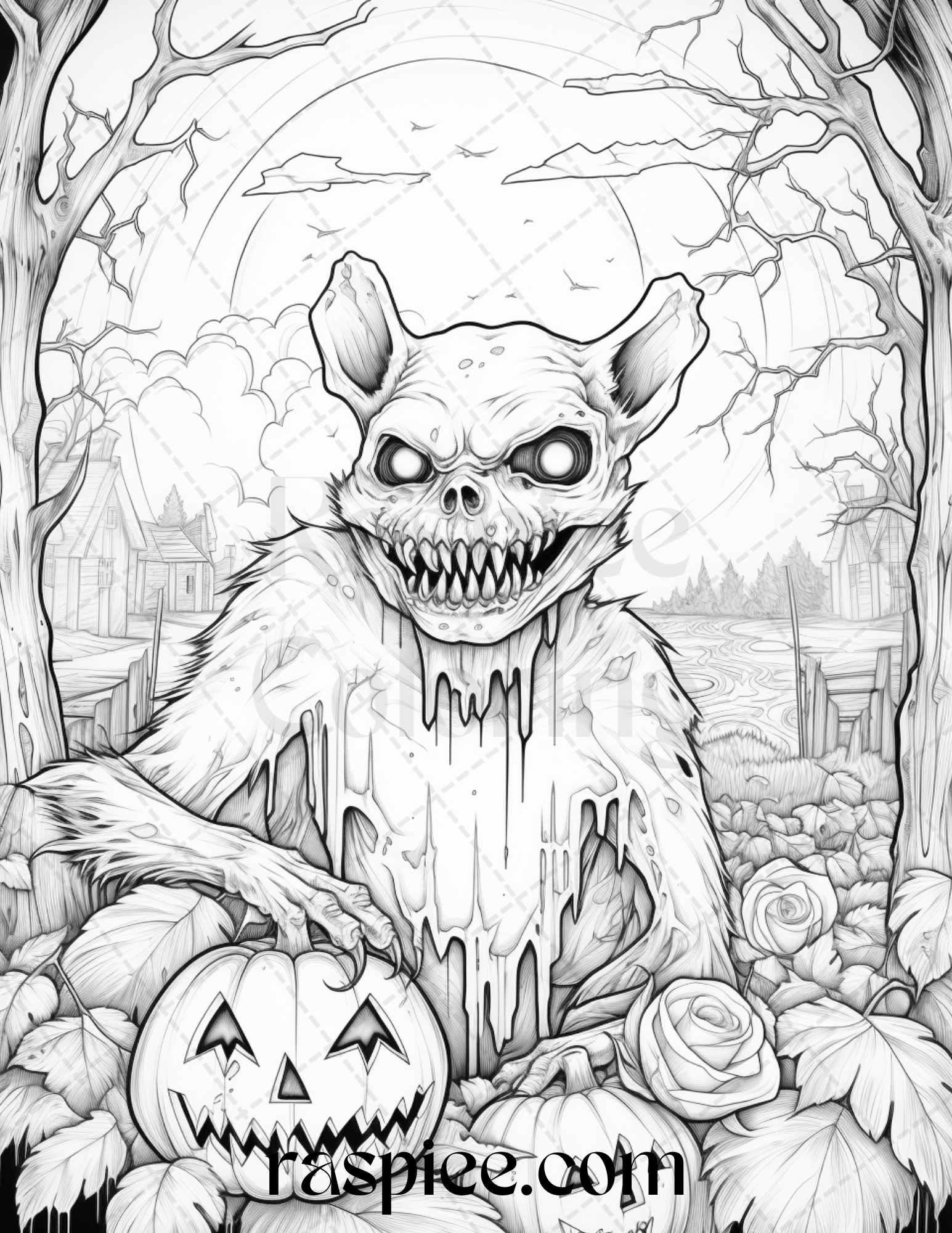66 Horror Zombie Animals Grayscale Coloring Pages Printable for Adults, PDF File Instant Download