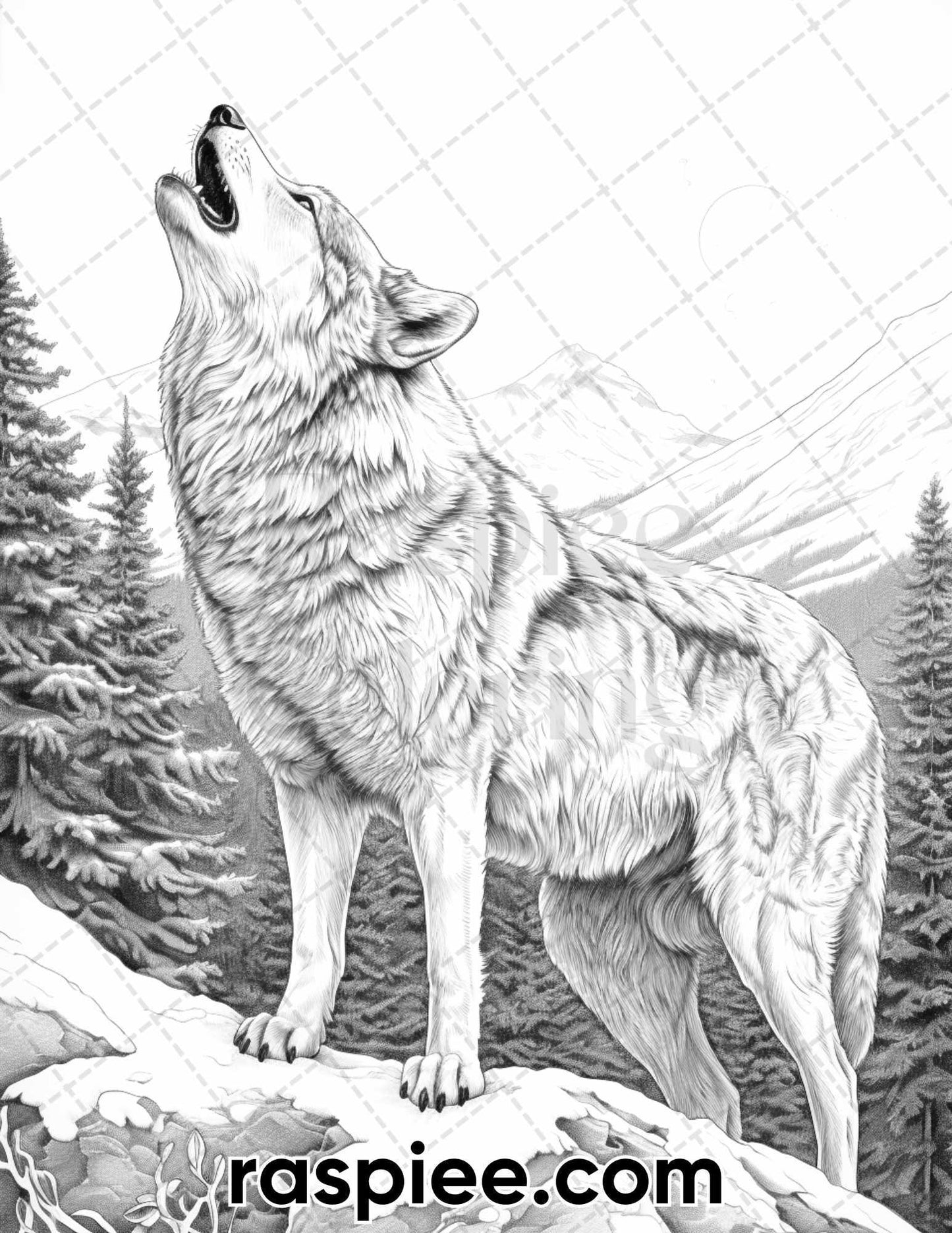 50 Winter Wolf Grayscale Coloring Pages for Adults, Printable PDF Instant Download