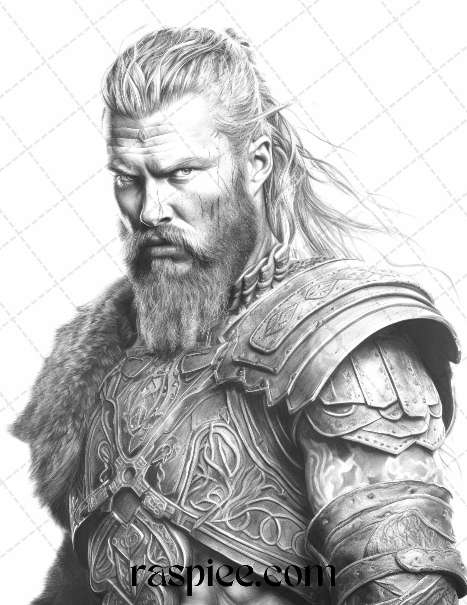 55 Viking Warriors Portrait Grayscale Coloring Pages Printable for Adults, PDF File Instant Download