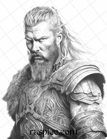 55 Viking Warriors Portrait Grayscale Coloring Pages Printable for Adults, PDF File Instant Download
