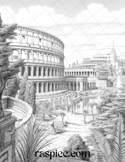 Roman Architecture Grayscale Coloring Pages Printable for Adults, PDF File Instant Download