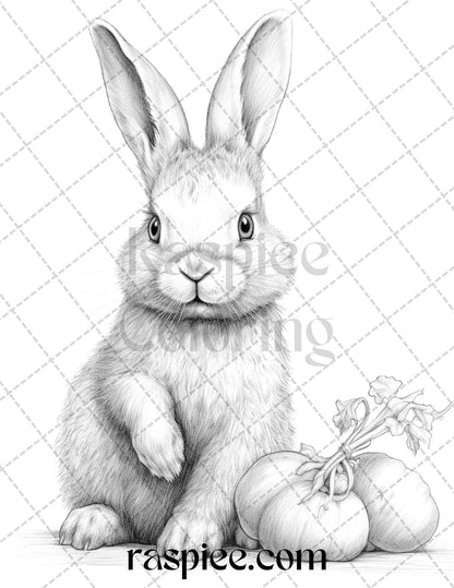 50 Rabbit Garden Grayscale Coloring Pages Printable for Adults, PDF File Instant Download