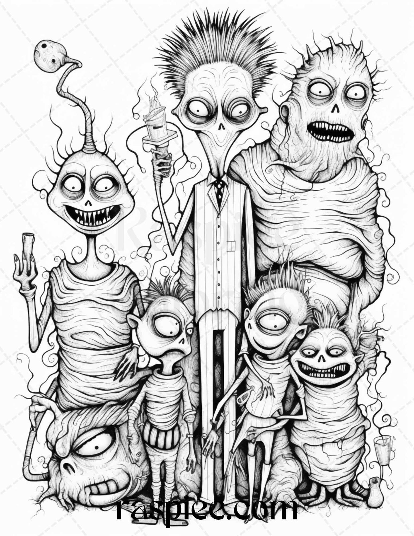 50 Monster Family Grayscale Coloring Pages Printable for Adults - Instant Download, Halloween Coloring Book, Fun and Spooky Designs