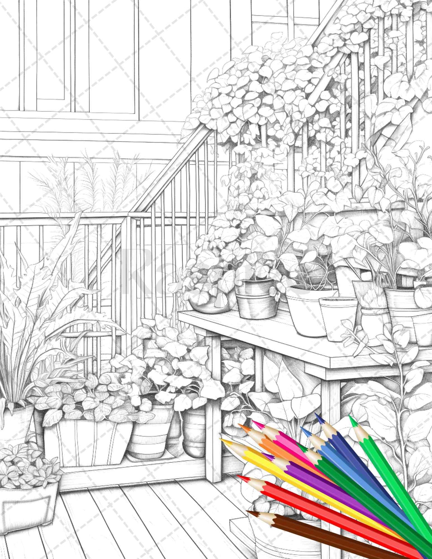 Charming Balcony Garden Grayscale Coloring Pages Printable for Adults, PDF File Instant Download
