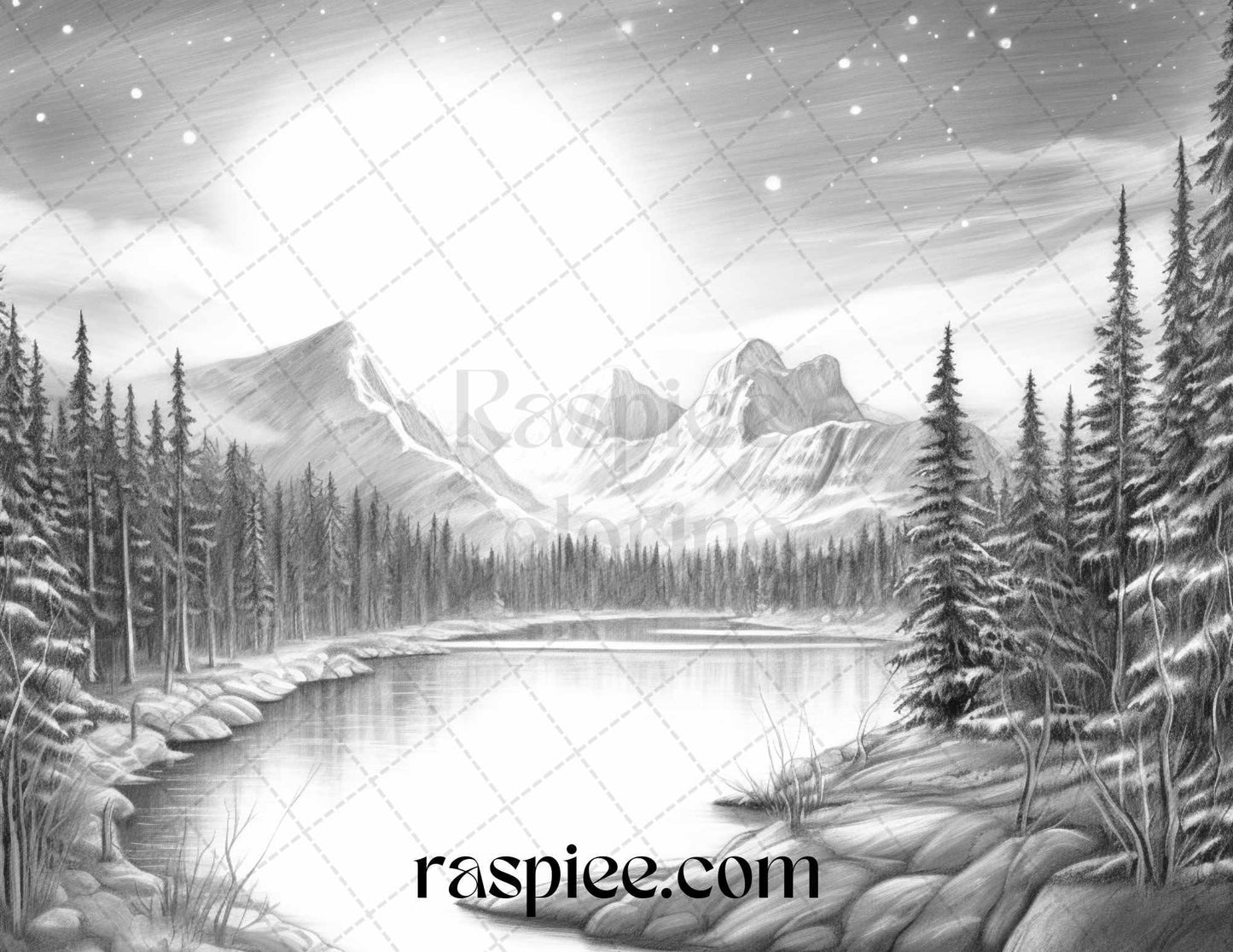 Aurora Borealis Landscape Grayscale Coloring Pages for Adults, Printable PDF File Instant Download