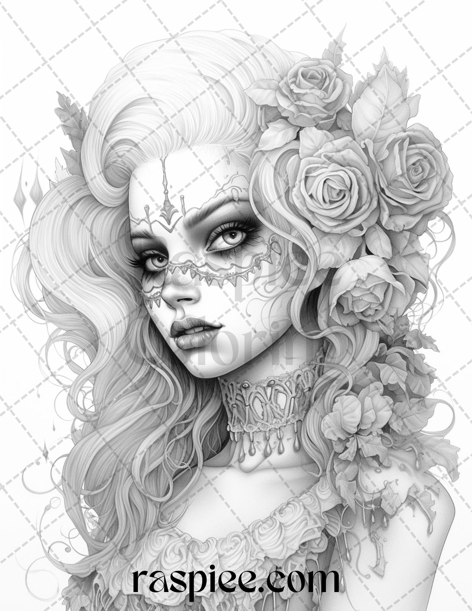 55 Halloween Girls Grayscale Coloring Pages Printable for Adults, PDF File Instant Download