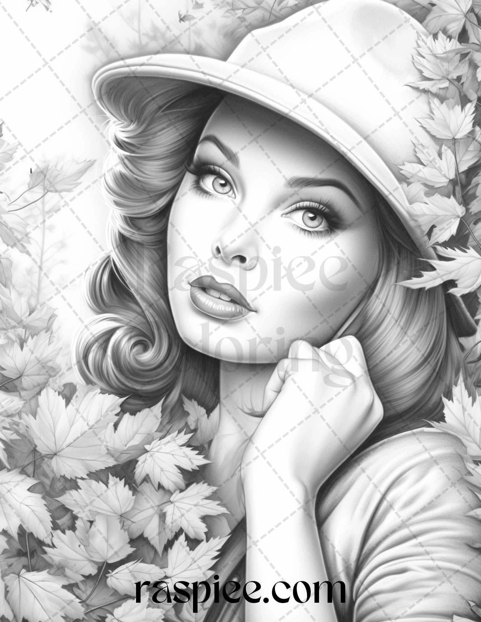 55 Autumn Pin Up Girls Grayscale Coloring Pages Printable for Adults, PDF File Instant Download
