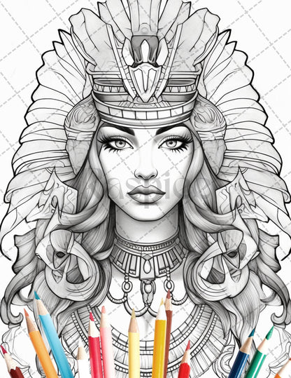35 Ancient Egyptian Queens Coloring Book Printable for Adults, Grayscale Coloring Page, PDF File Instant Download