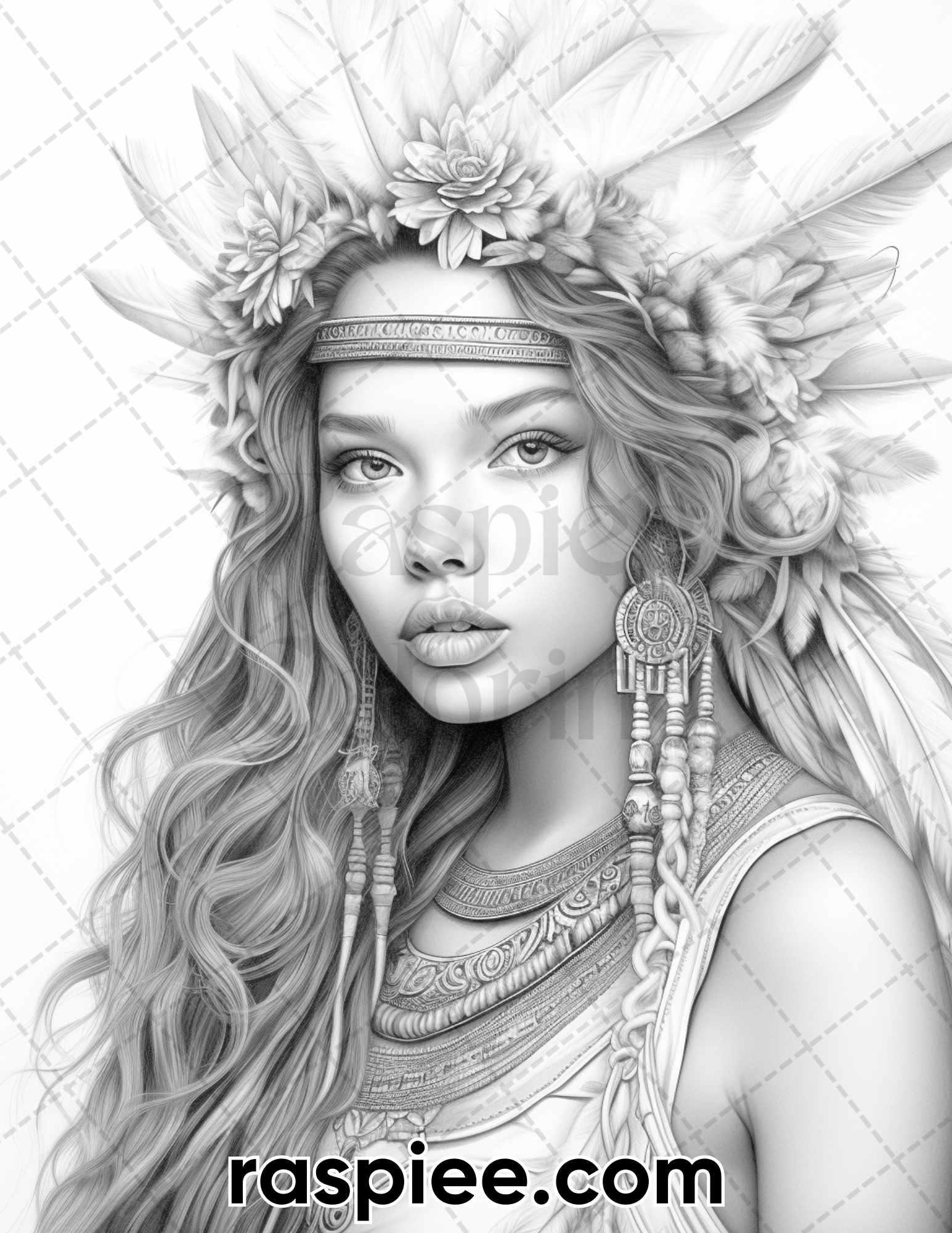 60 Bohemian Beauties Grayscale Coloring Pages for Adults, Printable PDF Instant Download