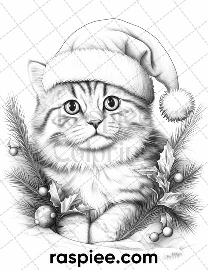 40 Christmas Cats Grayscale Coloring Pages for Adults, Printable PDF Instant Download