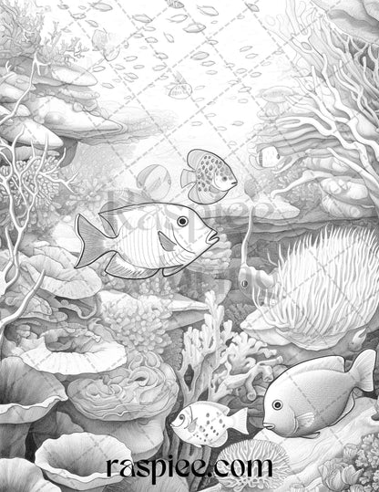 Ocean Life Grayscale Coloring Pages Printable for Adults Relaxation and Creativity, PDF File Instant Download