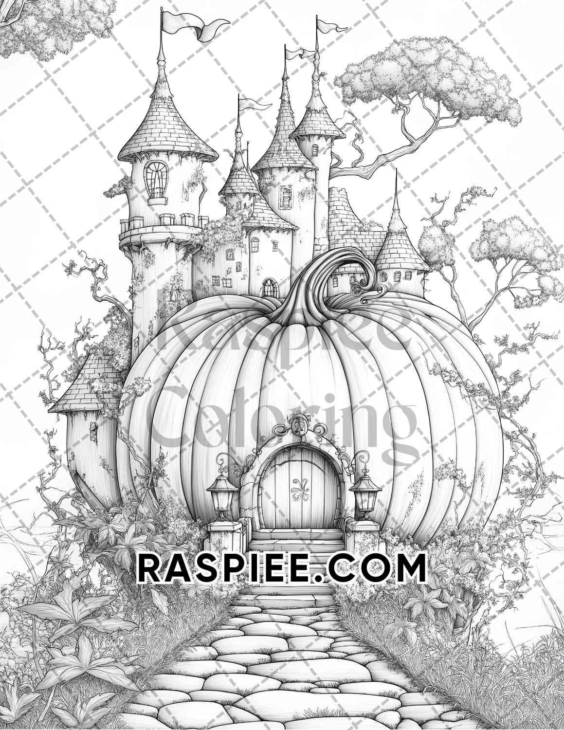 Fantasy Giant Pumpkin Castles Adult Coloring Pages Printable PDF Instant Download