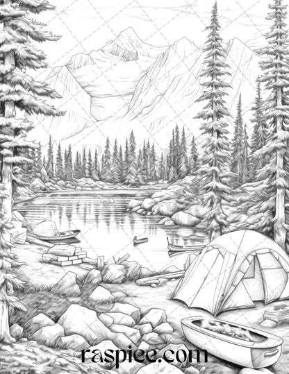 Nature Camping Grayscale Coloring Pages Printable, Relaxing Outdoor Scenes, PDF File Instant Download