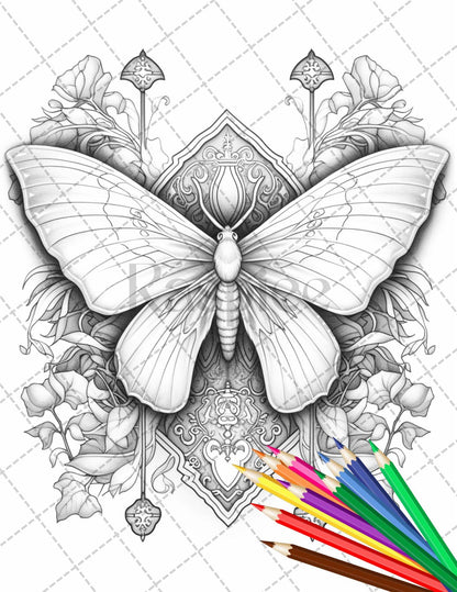 32 Beautiful Moths and Floral Coloring Book for Adults, Grayscale Coloring Page, Printable PDF Instant Download