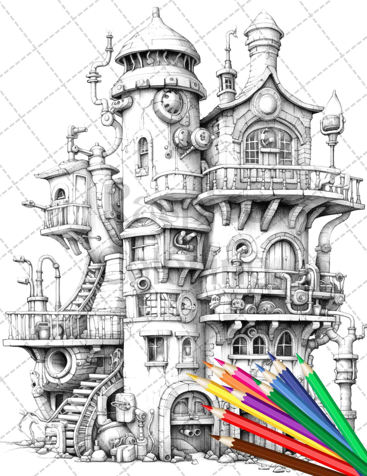 50 Steampunk Houses Grayscale Coloring Pages Printable for Adults, PDF File Instant Download