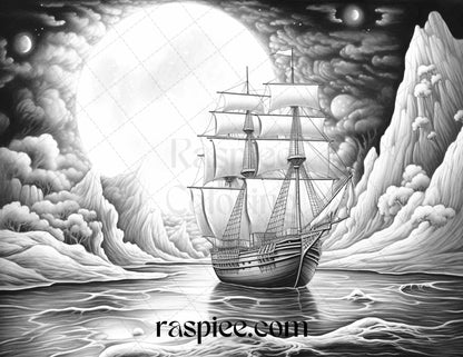 55 Celestial Landscapes Grayscale Coloring Pages Printable for Adults, PDF File Instant Download