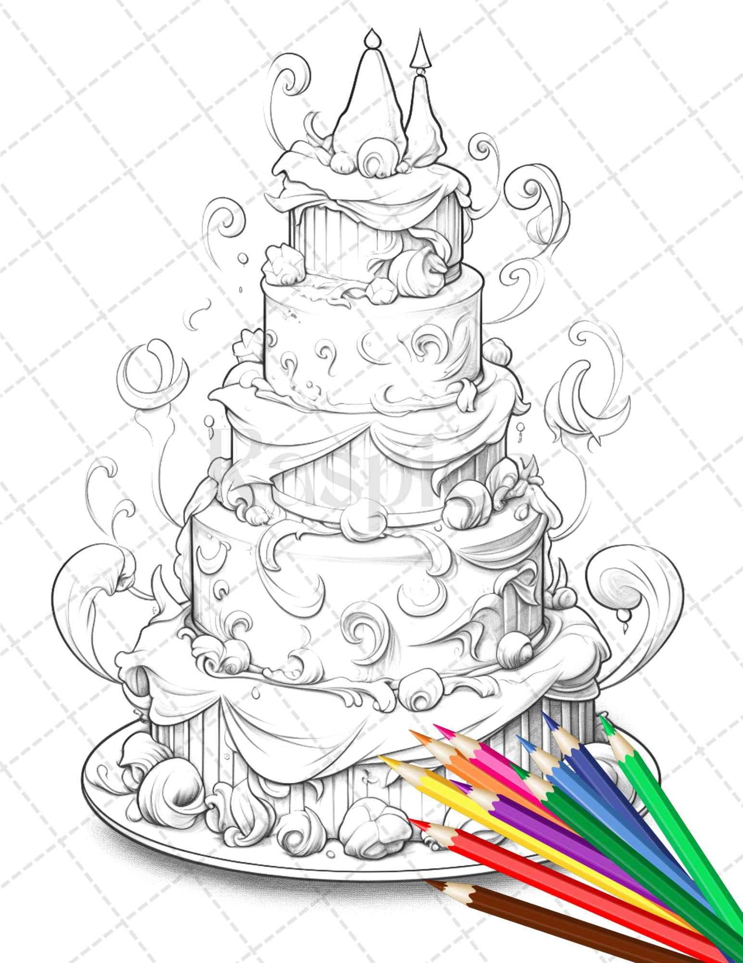 38 Whimsical Cakes Grayscale Coloring Pages for Adults, PDF File Instant Download