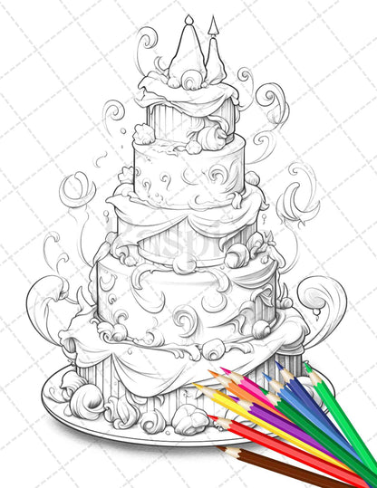 38 Whimsical Cakes Grayscale Coloring Pages for Adults, PDF File Instant Download