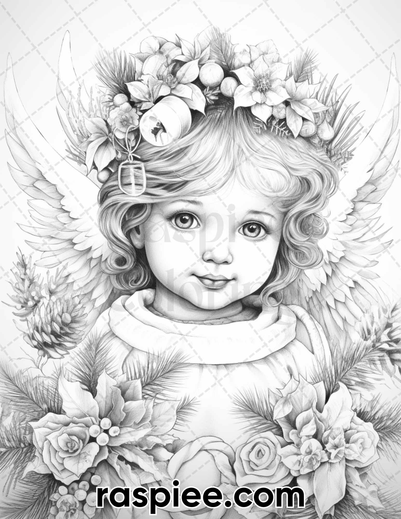55 Christmas Angel Grayscale Coloring Pages for Adults, Printable PDF Instant Download