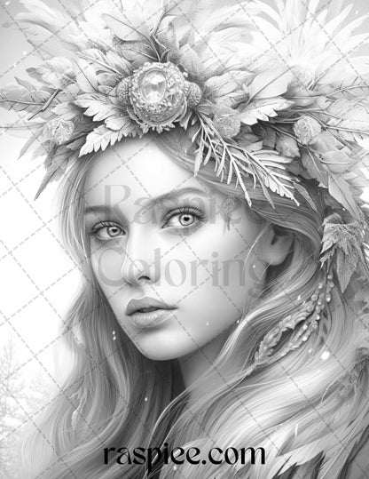 50 Winter Fairy Grayscale Coloring Pages Printable for Adults, PDF File Instant Download