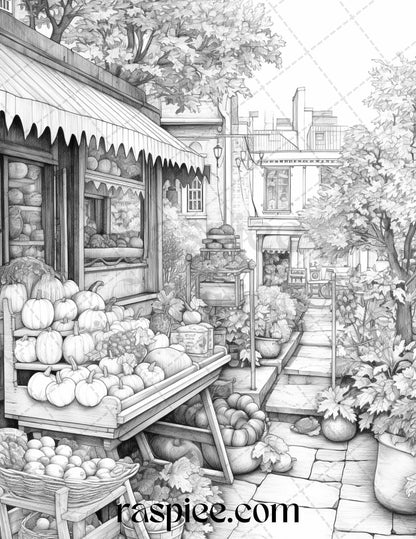 Autumn Street Markets Grayscale Coloring Pages for Adults, Printable PDF File Instant Download