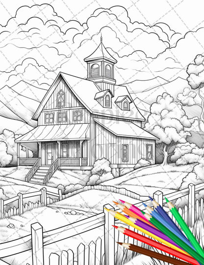 Charming Farmhouse Scenery Grayscale Coloring Pages Printable for Adults, PDF File Instant Download