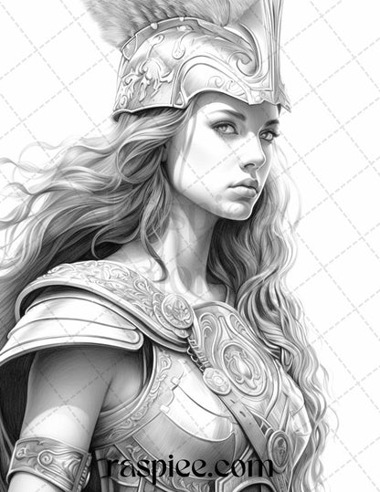Greek Women Warriors Grayscale Coloring Pages for Adults, Printable PDF File Instant Download