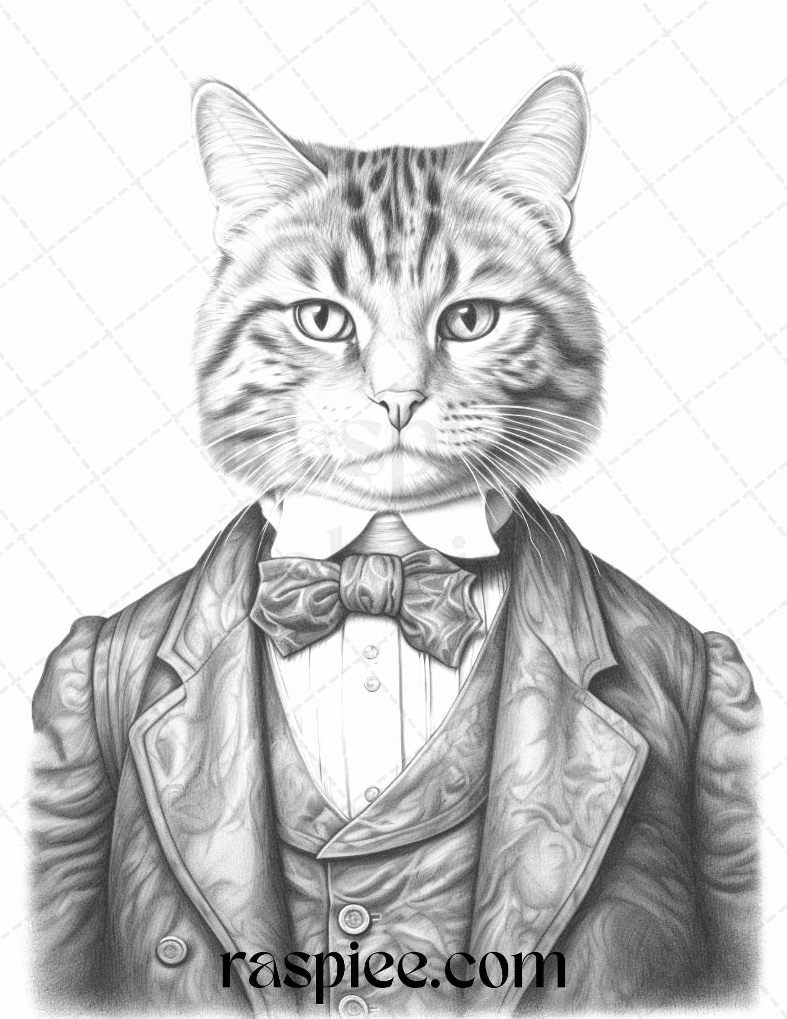 Gentleman Cat Grayscale Coloring Pages Printable for Adults Kids, PDF File Instant Download
