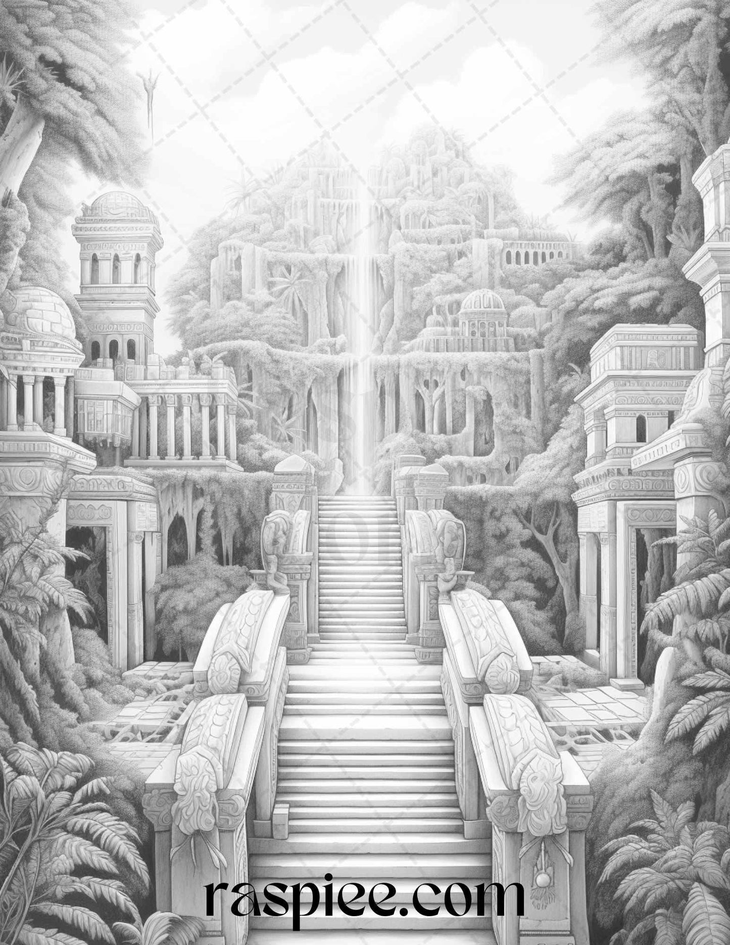 Hanging Gardens of Babylon Grayscale Coloring Pages Printable, PDF File Instant Download