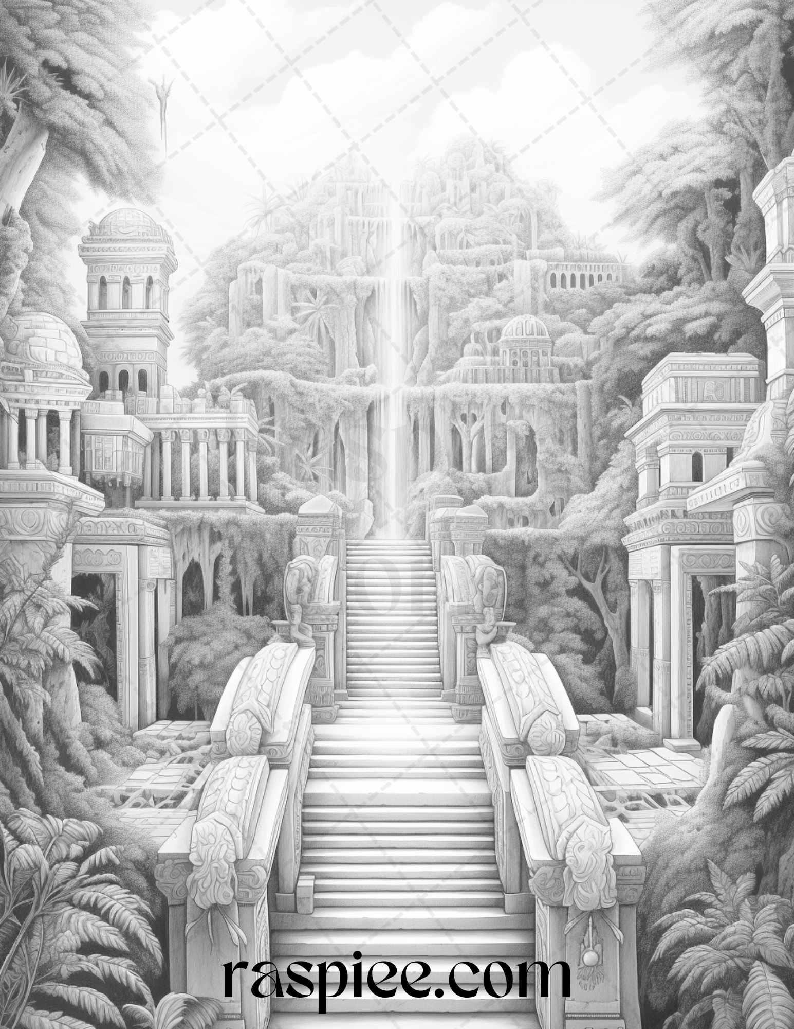 Hanging Gardens of Babylon Grayscale Coloring Pages Printable, PDF File Instant Download