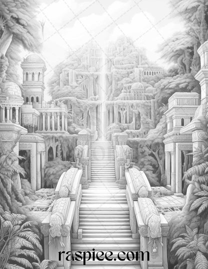 Hanging Gardens of Babylon Grayscale Coloring Pages Printable, PDF File Instant Download