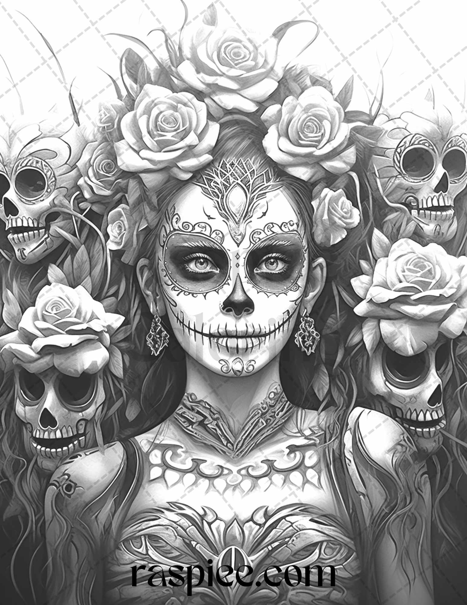 50 Day of the Dead Grayscale Coloring Pages Printable for Adults, PDF File Instant Download