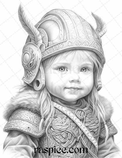 58 Little Viking Girls Boys Portrait Grayscale Coloring Pages Printable, PDF File Instant Download