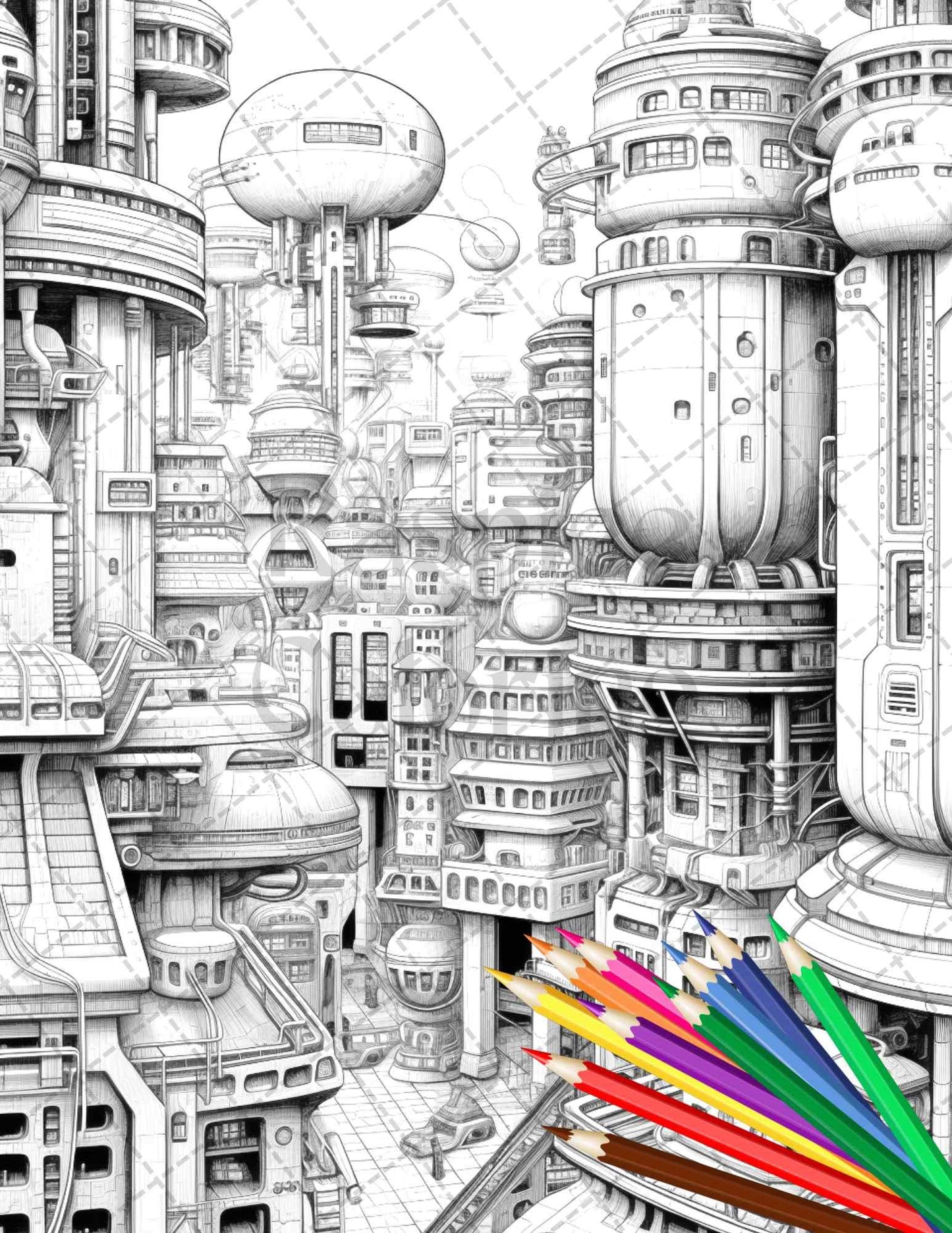 50 Futuristic Metropolis Grayscale Coloring Pages Printable for Adults, PDF File Instant Download