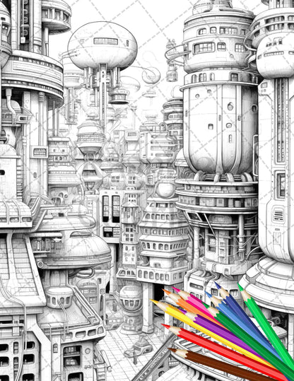 50 Futuristic Metropolis Grayscale Coloring Pages Printable for Adults, PDF File Instant Download