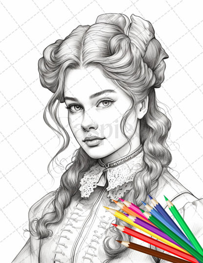 36 Beautiful Victorian Girls Coloring Pages Printable for Adults, Grayscale Coloring Page, PDF File Instant Download