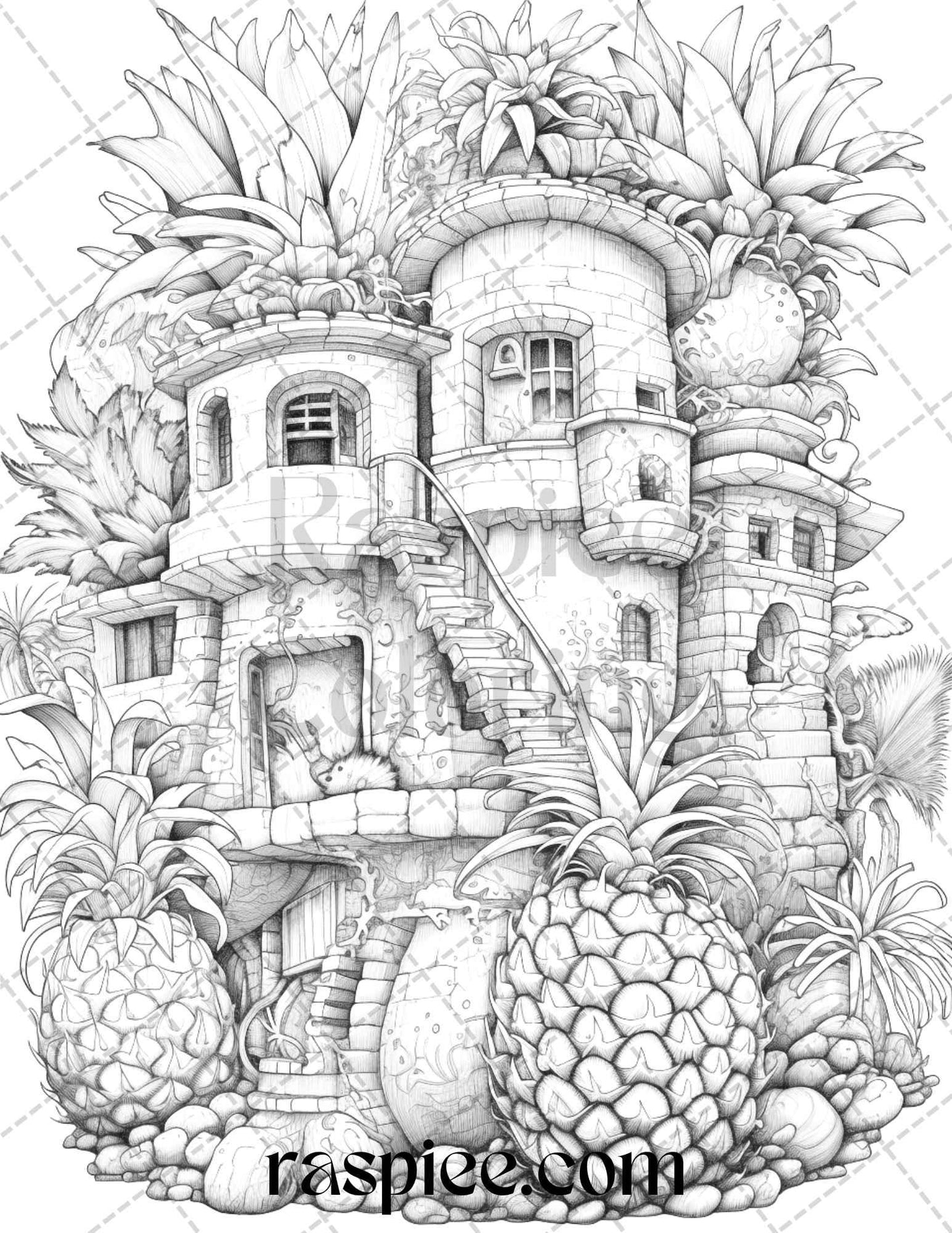 50 Pineapple Houses Grayscale Coloring Pages Printable for Adults, PDF File Instant Download