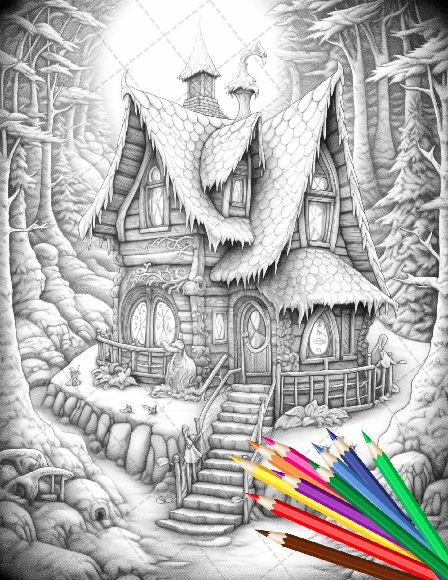 63 Winter Fairy Houses Grayscale Coloring Pages Printable for Adults, PDF File Instant Download