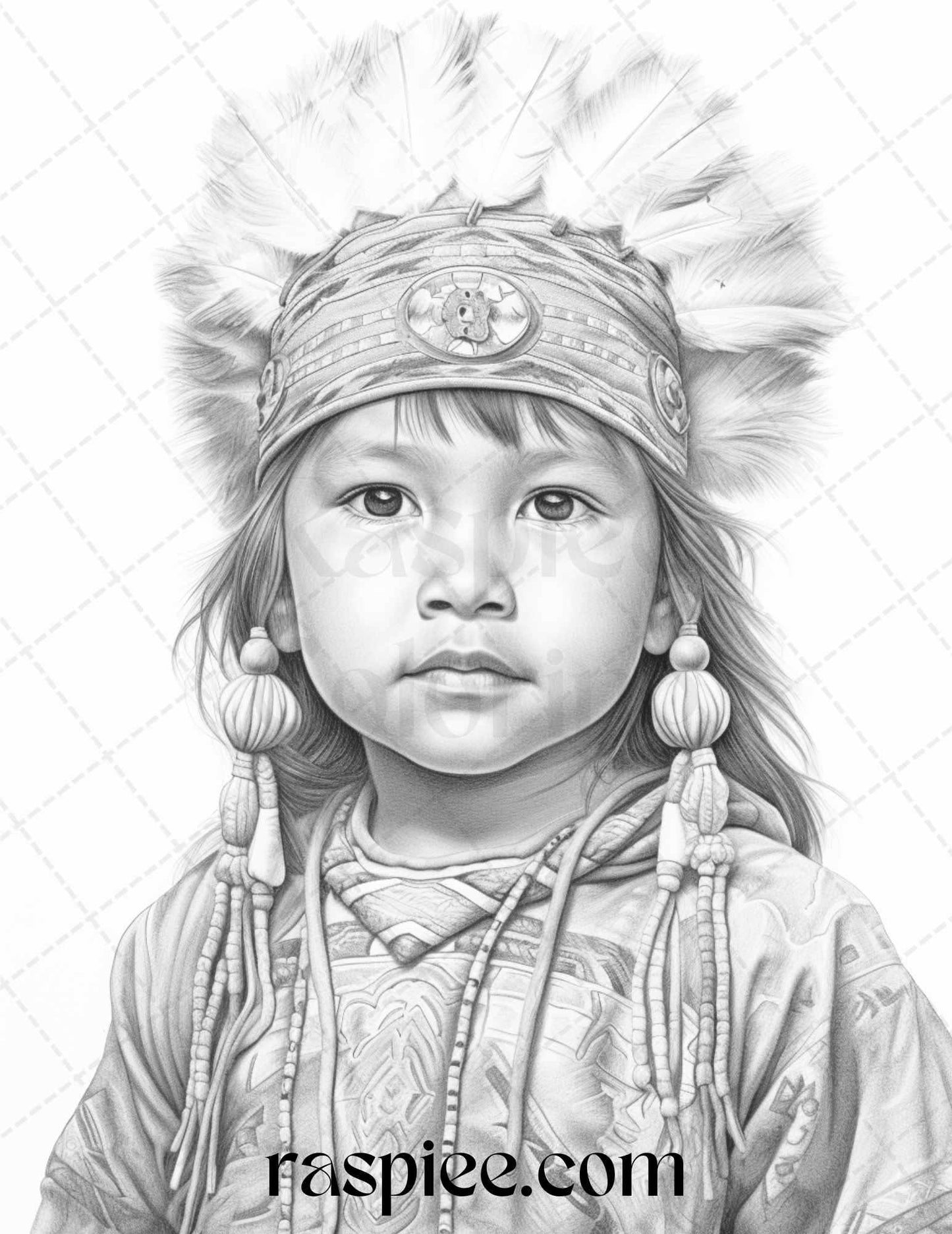50 Native American Little Girls Boys Grayscale Coloring Pages Printable for Adults Kids, PDF File Instant Download