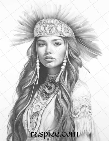 Native American Portrait Grayscale Coloring Pages Printable for Adults, PDF File Instant Download