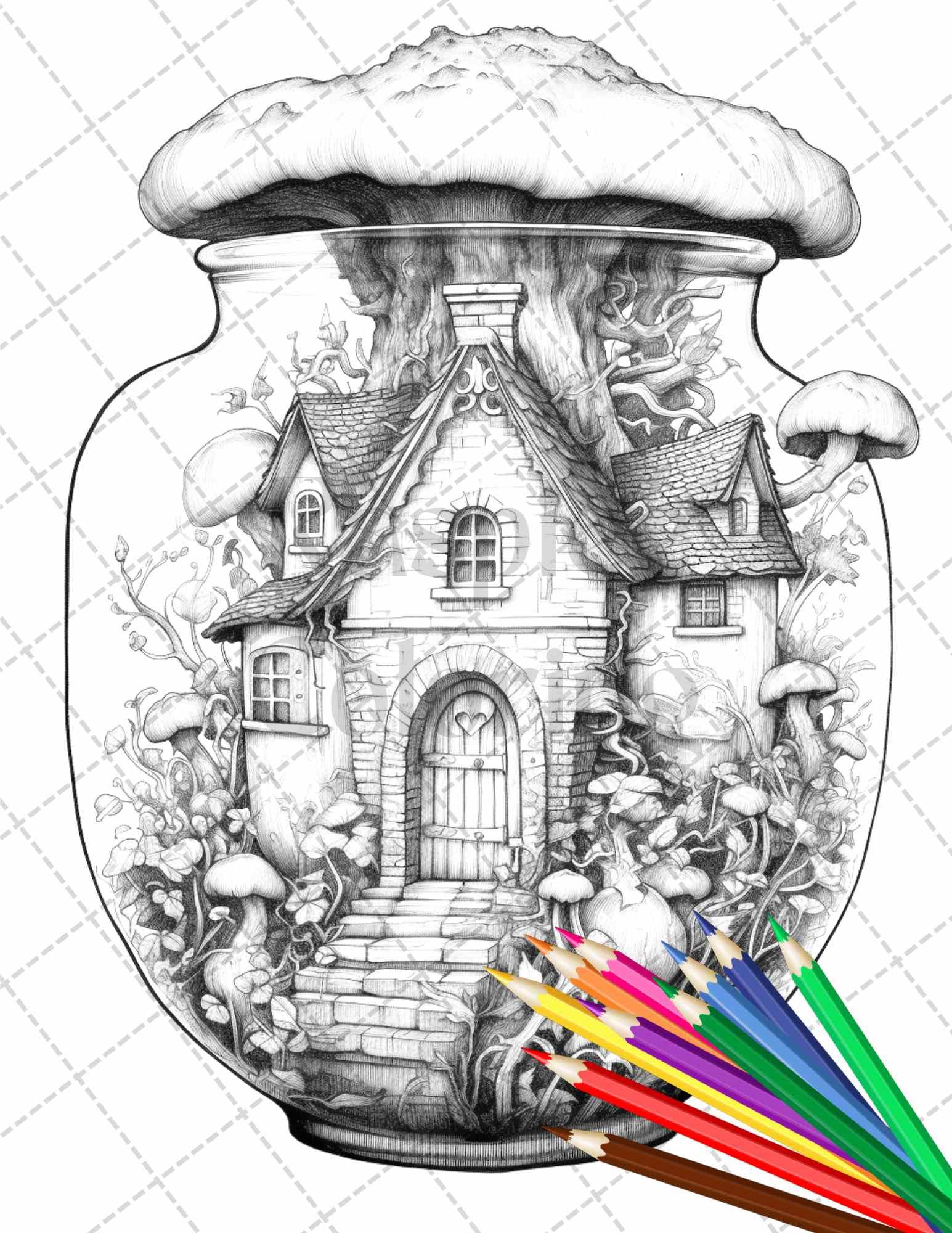 Fairy House in Jar Grayscale Coloring Pages Printable for Adults, PDF File Instant Download