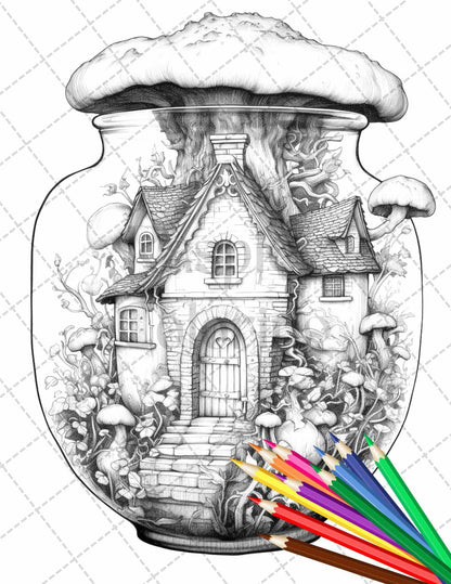 Fairy House in Jar Grayscale Coloring Pages Printable for Adults, PDF File Instant Download