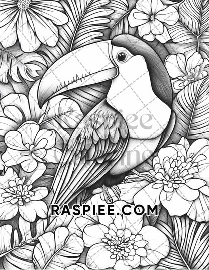 Flowers and Birds Adult Coloring Pages Printable PDF Instant Download