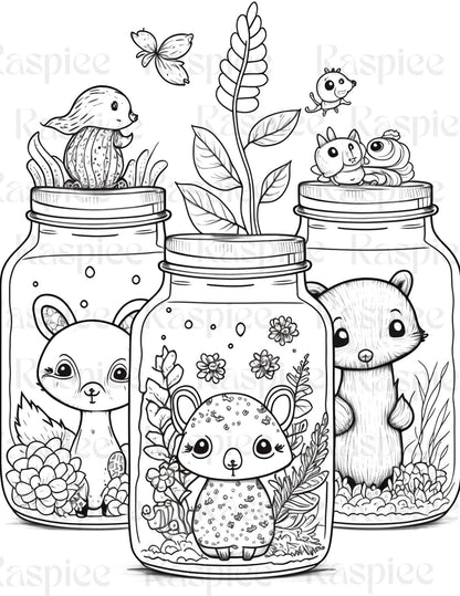 100 Animal in Jar Coloring Pages, Printable Coloring Pages for Kids and Adults, Printable PDF File Instant Download