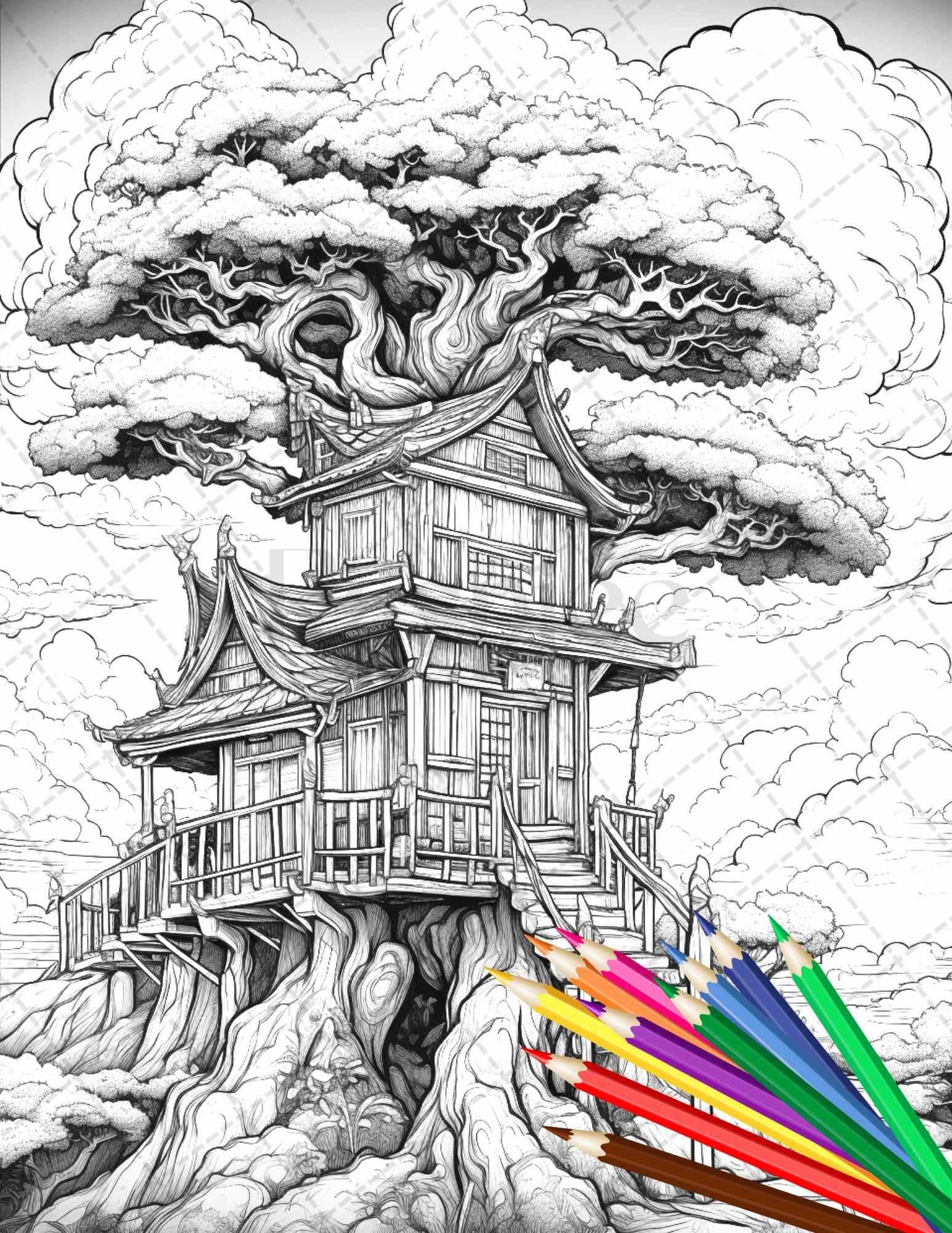 110 Enchanted Treehouse Coloring Book Printable for Adults, Grayscale Coloring Page, PDF File Instant Download